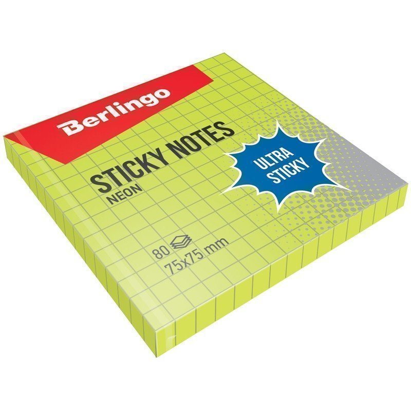 Самоклеящийся блок Berlingo "Ultra Sticky", 75*75мм, 80л, в клетку, зеленый неон