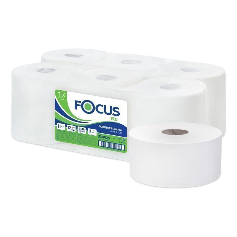Бумага туалетная Focus Eco Jumbo, 1 слойн, 450 м/рул, тиснение, белая