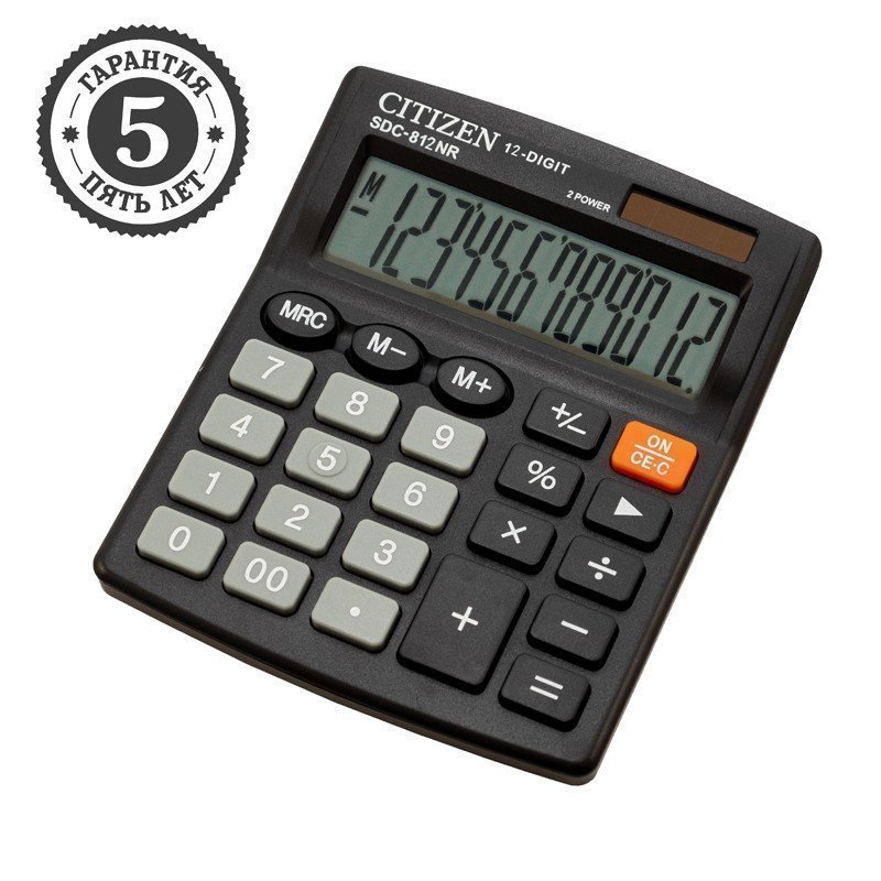 Калькулятор настольный Citizen SDC812NR, 12 разр., двойное питание, 127*105*21мм, черный