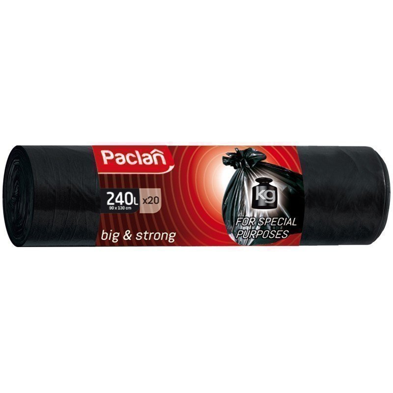 Мешки для мусора 240л Paclan "Big&Strong" ПВД, 140*90см, 20шт., черные, в рулоне