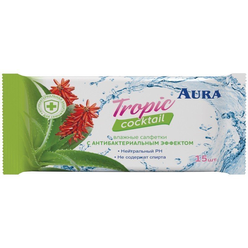 Салфетки влажные Aura "Tropic coctail", 15шт., освежающие