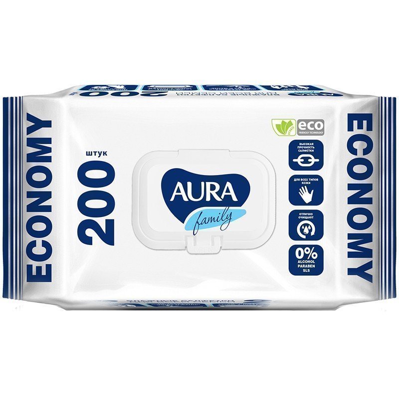 Салфетки влажные Aura "Family", 200шт., для всей семьи, клапан