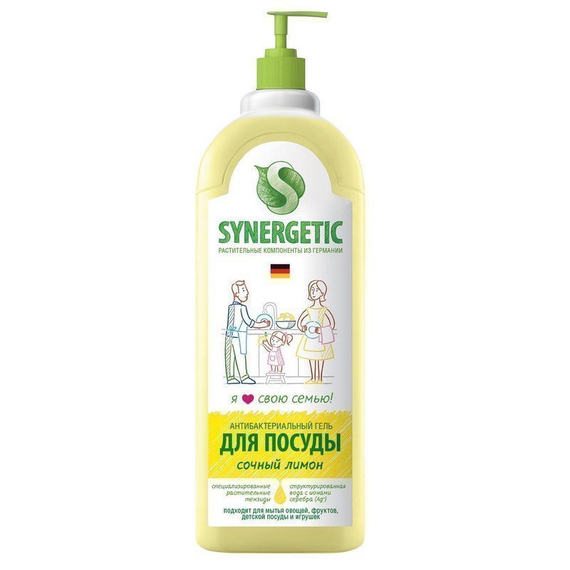 Средство для мытья посуды 1 л SYNERGETIC "Лимон", антибактериальное, дозатор, 103101