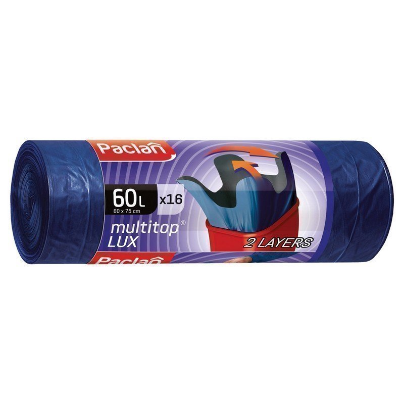 Мешки для мусора 60 л, с ушками, синие, рулон 16 шт, ПВД, 30 мкм, 60х75 см, PACLAN "Multitop Lux", 134474