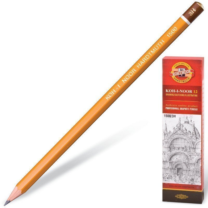 Карандаш чернографитный KOH-I-NOOR 1500, 1 шт, 3H, без резинки, корпус желтый, заточенный, 150003H01170RU