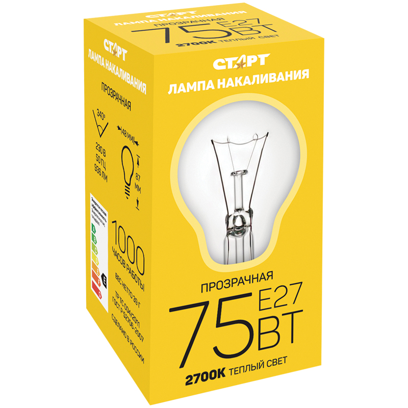 Лампа накаливания СТАРТ Б 75W Е27 прозрачная