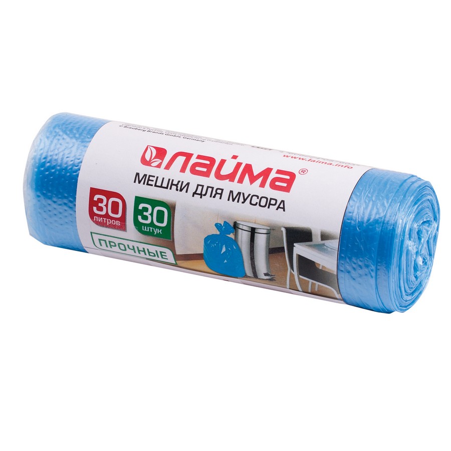 Мешки для мусора, 30 л, ЛАЙМА, комплект 30 шт., рулон, ПНД, прочные, 50х60 см, 10 мкм, синие