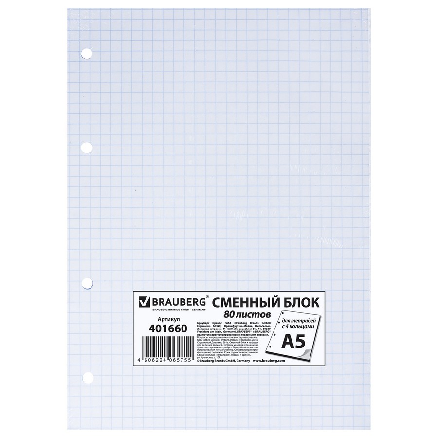 Сменный блок BRAUBERG к тетради на кольцах, 80 л., А5, 145х202 мм