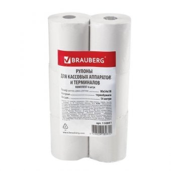 Рулоны для кассовых аппаратов и терминалов BRAUBERG термобумага 80х54х18 (54 м), комплект 6 шт