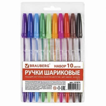 Ручки шариковые BRAUBERG, набор 10 шт, "Line", корпус прозрачный, узел 1 мм, линия 0,5 мм, ассорти
