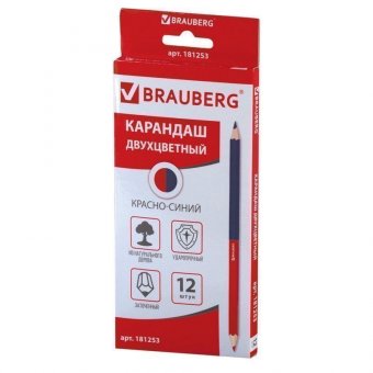 Карандаш двухцветный красно-синий, BRAUBERG, заточенный, грифель 2,9 мм