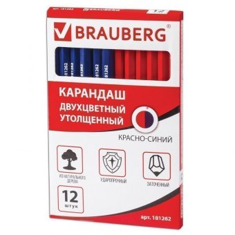 Карандаш двухцветный, красно-синий, утолщённый, BRAUBERG, заточенный, грифель 4,0 мм