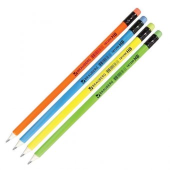 Карандаш чернографитный BRAUBERG, 1 шт, "Neon", HB, трехгранный, неоновый ассорти, цветной ластик