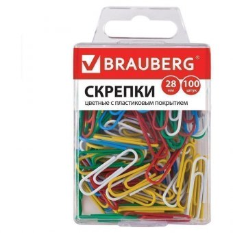 Скрепки BRAUBERG, 28 мм, цветные, 100 шт в пластиковой коробке