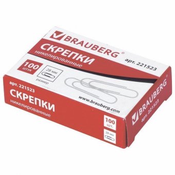 Скрепки BRAUBERG, 28 мм, никелированные, 100 шт в картонной коробке