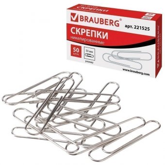 Скрепки BRAUBERG, 50 мм, никелированные, 50 шт в картонной коробке