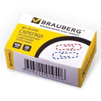 Скрепки BRAUBERG, 28 мм с цветными полосками, 100 шт в картонной коробке