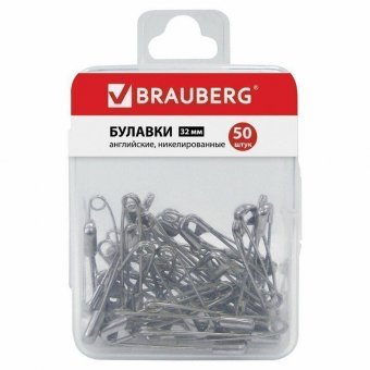 Булавки английские BRAUBERG, 32 мм, никелированные, 50 шт в пластиковой коробке