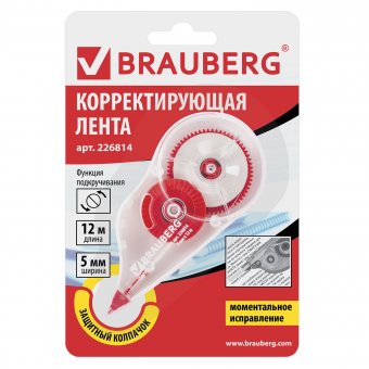 Корректирующая лента BRAUBERG 5 мм х 12 м, корпус прозрачный, с подкручиванием, блистер