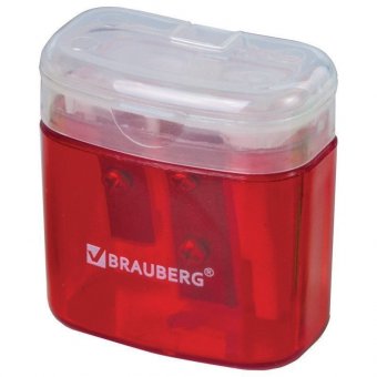 Точилка BRAUBERG "Chief" с контейнером, пластиковая, прямоугольная, 2 отверстия, с крышкой, ассорти