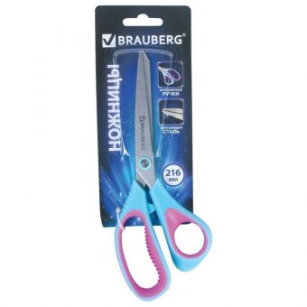 Ножницы BRAUBERG "Extra 3D", 216 мм, ассиметричные, ребристые резиновые вставки, бирюзово-фиолетовые