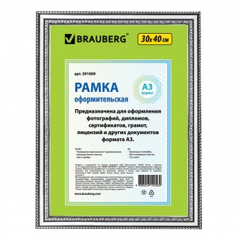Рамка 30х40 см, пластик, багет 26 мм, BRAUBERG "HIT4", серебро, стекло