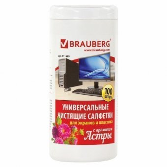 Чистящие салфетки BRAUBERG для экранов и пластика, универсальные "Астра" в тубе 100 шт, влажные, 511689