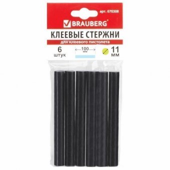 Клеевые стержни BRAUBERG диаметр 11 мм, длина 100 мм, черные, комплект 6 шт