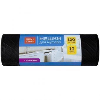 Мешки для мусора 120л OfficeClean ПНД, 70*110см, 18мкм, 10шт., прочные, черные, в рулоне