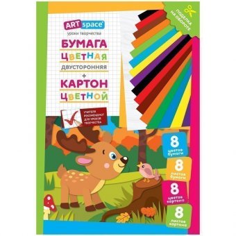 Набор цв.немел.картона 8л. и двусторон.газет.цв.бумаги 8л., A4, ArtSpace, в папке, "Олененок"