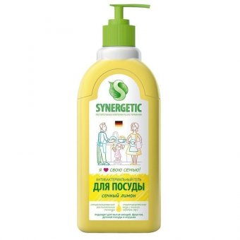 Средство для мытья посуды, фруктов, игрушек Synergetic "Лимон", антибакт.,концентрат, с дозат.,500мл