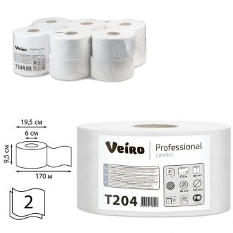 Бумага туалетная 170 м, VEIRO Professional (Система T2), КОМПЛЕКТ 12 шт, Comfort, 2-слойная, T204