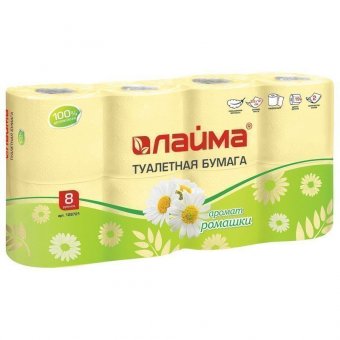 Бумага туалетная бытовая, спайка 8 шт, 2-х слойная (8х19 м), ЛАЙМА, аромат ромашки, 128721