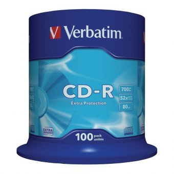 Диски CD-R VERBATIM 700 Mb 52х, КОМПЛЕКТ 100 шт, Cake Box, 43411