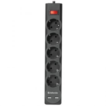 Сетевой фильтр DEFENDER DFS 753, 5 розеток, 2 разъема USB, 3 м, черный, 99753