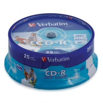 Диски CD-R VERBATIM 700 MB 52x Printable, КОМПЛЕКТ 25 шт, Cake Box, с поверхностью для печати