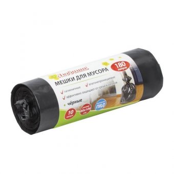 Мешки для мусора 180 л, черные, в рулоне 10 шт, ПВД, 24 мкм, 80х106 см (±5%), эконом, ЛЮБАША, 605336