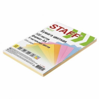 Бумага цветная STAFF COLOR, А4, 80 г/м2, 100 л (5 цв. х 20 л), пастель, для офиса и дома, 110889