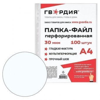 Папки-файлы перфорированные ГВАРДИЯ, А4, комплект 100 шт, гладкие, 30 мкм, 227524