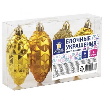 Украшения елочные ЗОЛОТАЯ СКАЗКА "Шишки", НАБОР 4 шт, пластик, 9 см, цвет золотистый, 590898
