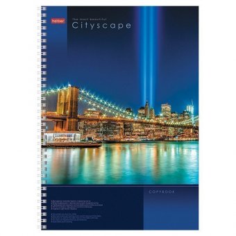Тетрадь А4, 100 л, HATBER, спираль, клетка, глянцевый лак, карман, "CITYSCAPE" ("Город"), 100Ткм4B1сп_12523, T