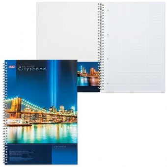 Тетрадь А4, 100 л, HATBER, спираль, клетка, глянцевый лак, карман, "CITYSCAPE" ("Город"), 100Ткм4B1сп_12523, T