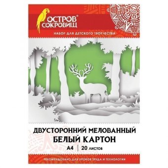 Картон белый А4 2-сторонний МЕЛОВАННЫЙ (глянцевый), 20 листов, в папке, ОСТРОВ СОКРОВИЩ, 200х290 мм, 111313