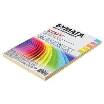 Бумага цветная STAFF COLOR МАЛОГО ФОРМАТА (148х210 мм), А5, 80 г/м2, 100 л (5цв. х 20 л), цветная пастель, для