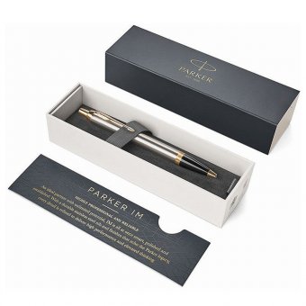 Ручка шариковая PARKER "IM Core Brushed Metal GT", корпус серебристый матовый лак, позолоченные детали, синяя,