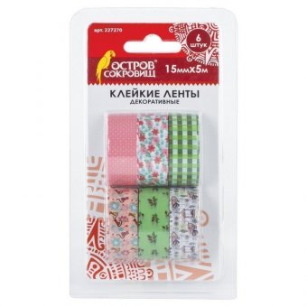Клейкие ленты 15 мм х 5 м, декоративные, ОСТРОВ СОКРОВИЩ, комплект 6 шт, ассорти №1, блистер, 227270