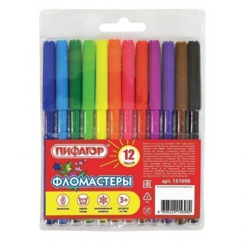 Фломастеры ПИФАГОР, 12 цветов, вентилируемый колпачок, 151090