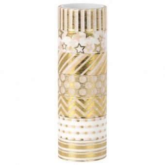 Клейкие WASHI-ленты для декора с фольгой ЗОЛОТИСТЫЕ, 15 мм х 3 м, 7 шт, рисовая бумага, ОСТРОВ СОКРОВИЩ, 66171