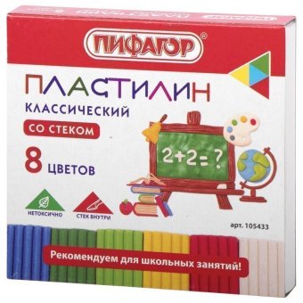 Пластилин классический ПИФАГОР ШКОЛЬНЫЙ, 8 цветов, 120 г, со стеком, 105433