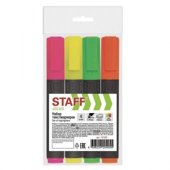 Набор текстовыделителей STAFF 4 шт, АССОРТИ, "STICK", линия 1-4 мм, 151501